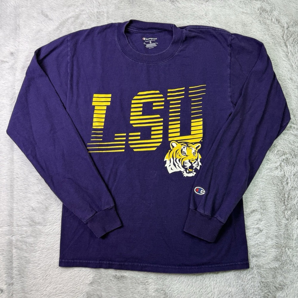 LSU Tigers Champion Purple Long Sleeve T-Shirt Mens Sz Small Graphic Print Logo